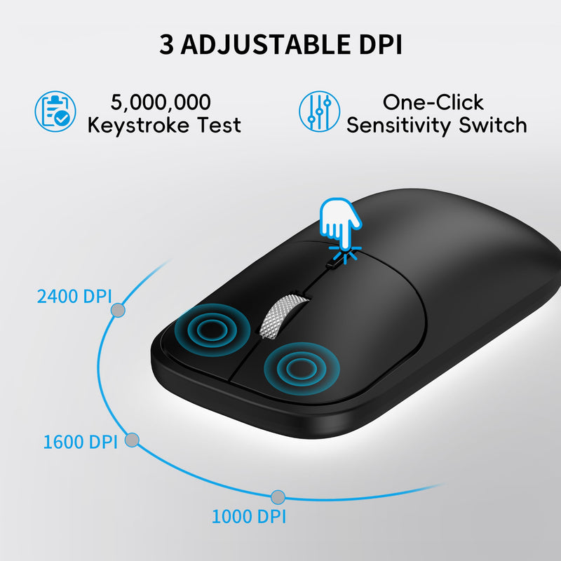 Bluetooth Mouse for Laptop Mac MacBook PC Chromebook Notebook - Black | No USB Receiver, Slim Portable Design, Silent Click, 4 DPI Adjustable, Long Battery Life, Aluminum Alloy Roller Computer Mice