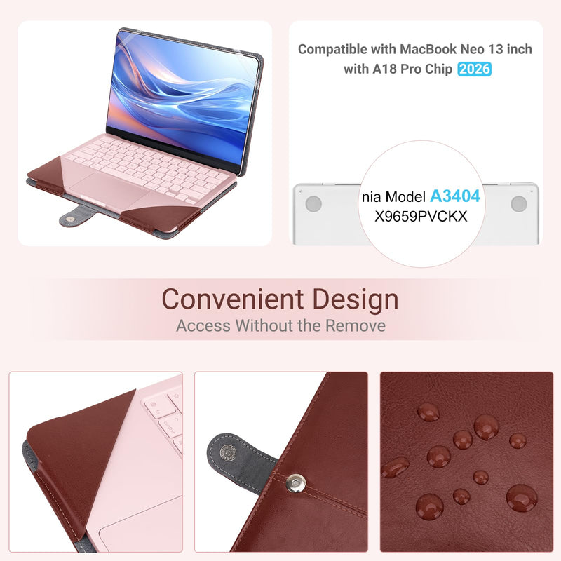 MOSISO PU Leather Hard Shell Case Compatible with MacBook Neo 13 inch 2026 | Release Model A3404 with A18 Pro Chip, Portfolio Protective Stand Cover, Laptop Protective Case for Workers, Brown
