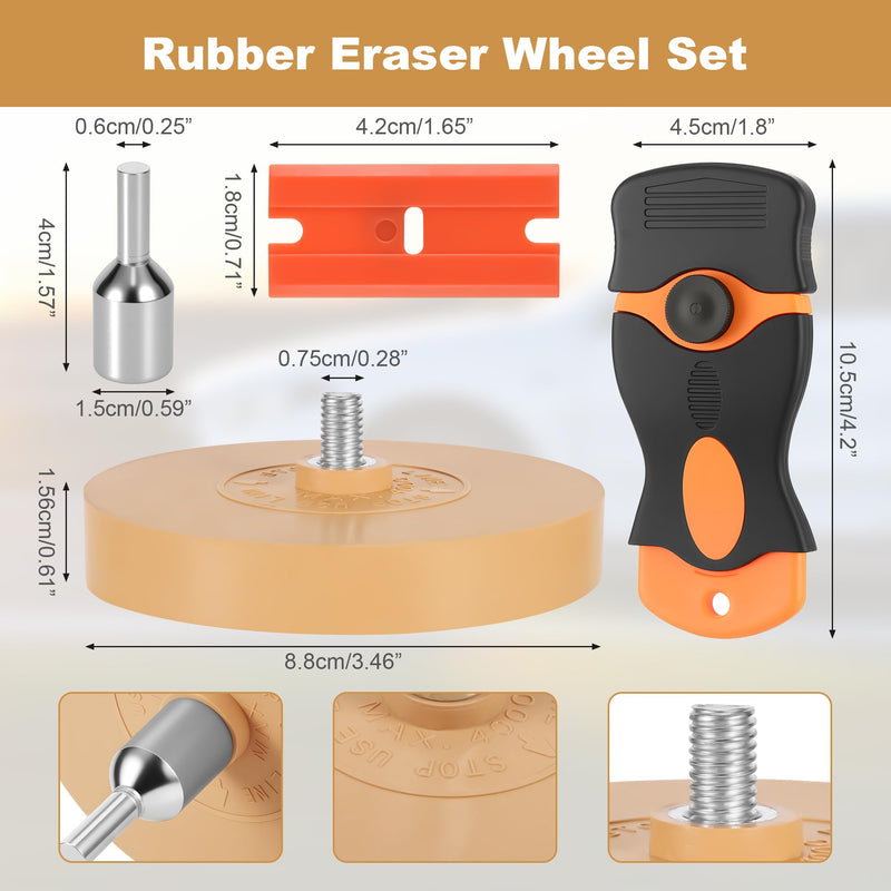 2pcs Rubber Eraser Wheel for Drill, Professional Car Sticker Remover Tool with 1 Plastic Scraper and Drill Adapters, Auto Decal Remover Wheel, Rapid Tint Removal Kit for Car Sticker Glue Vinyl Eraser 3.5 Inch