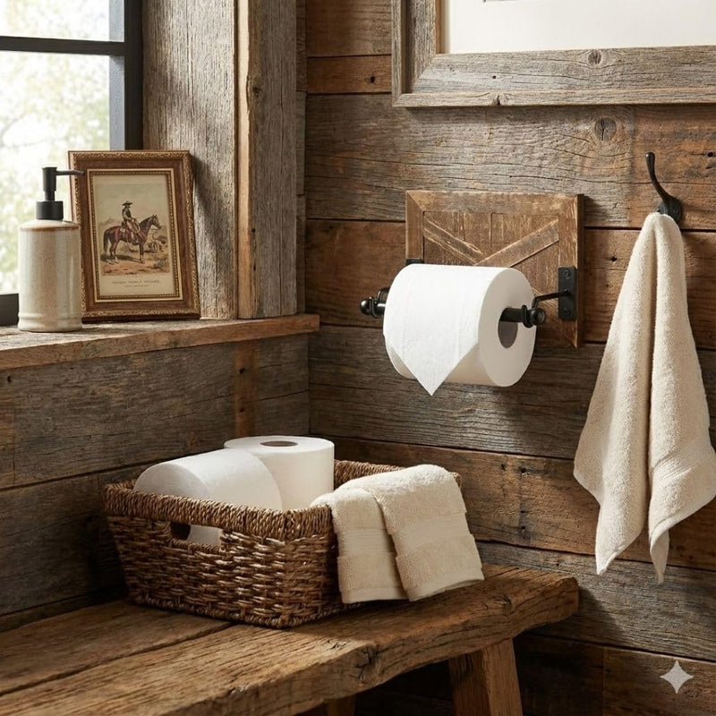 Autumn Alley Rustic Farmhouse Toilet Paper Holder - Farmhouse Bathroom Country Decor - Rustic Bathroom Accessories with Warm Brown Wood & Black Metal - Adds Western Decor Charm