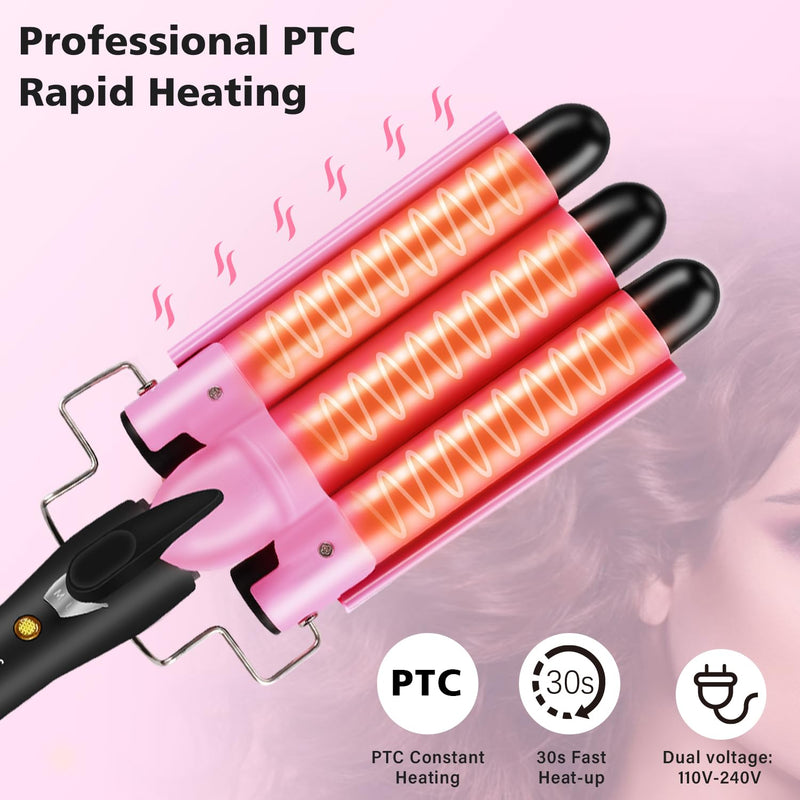  [AUSTRALIA] - 3 Barrels Hair Waver, 25mm Curling Iron, Beach Mermaid Waves Hair Crimper | Curling Tongs, Hair Curler with 2 Temperature Control Quick Heating, Waver Curling Wand for Long or Short Styling Pink