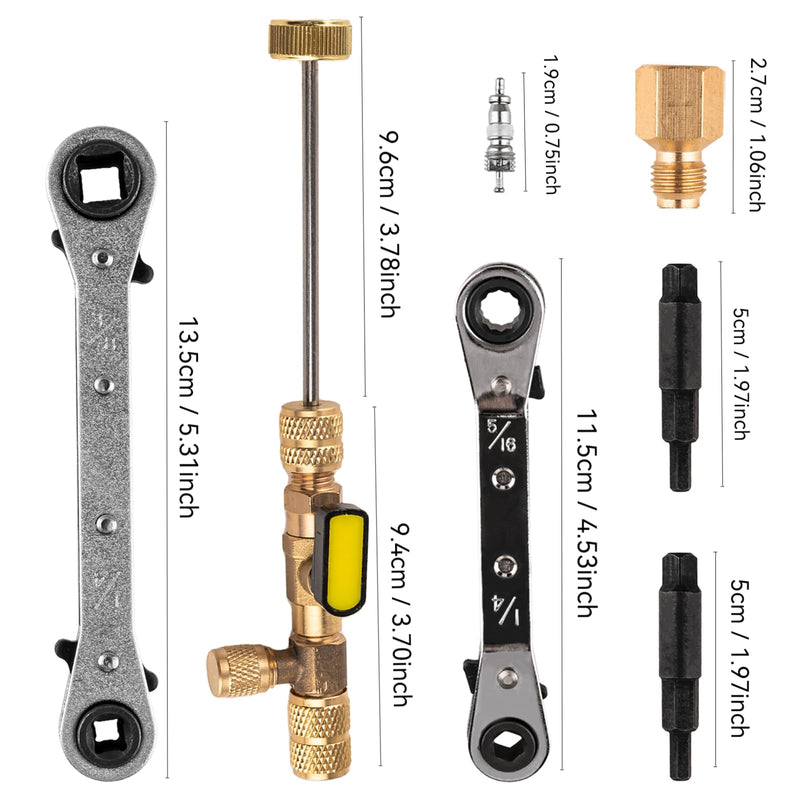 Valve Core Remover Installer Tool and HVAC Service Wrench Set with Hex Bit Adapters, Dual Size SAE 1/4 to 5/16 Port, 5/16'', 3/8'' Refrigeration Service Wrench, 10 Valve Core