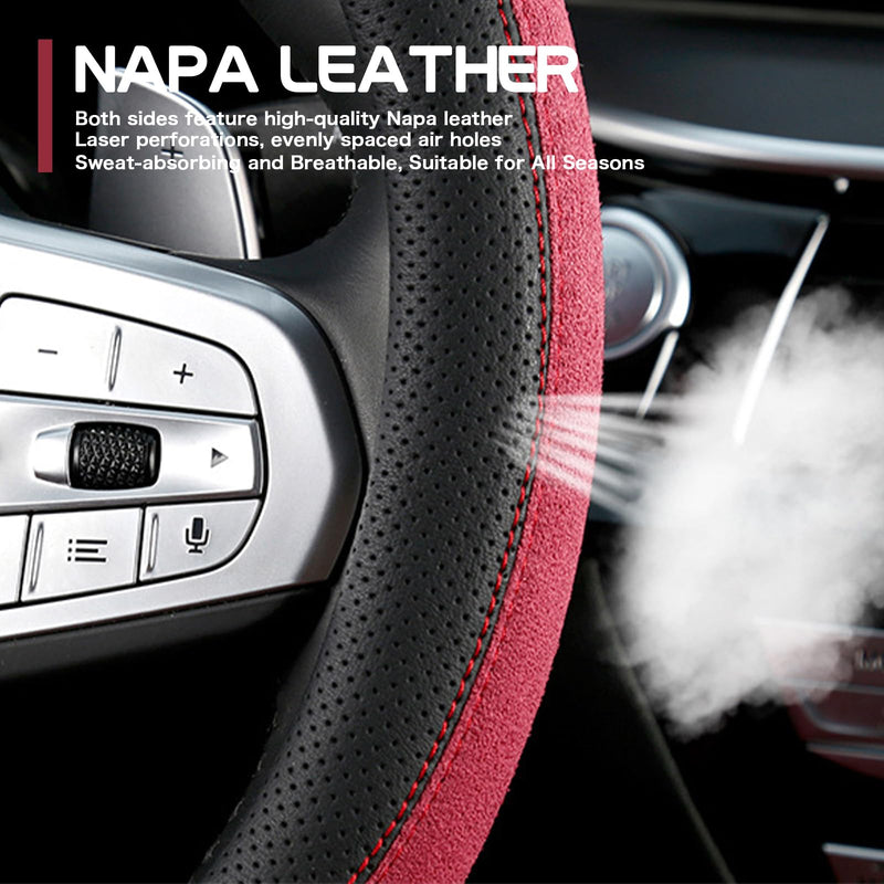 Suede & Napa Leather Steering Wheel Cover for Men Women, Universal Fit 14.5" to 15", Sweat-Absorbent Breathable Auto Protector for Summer & Winter Driving, Odorless Car Accessories(Coffee) Brown
