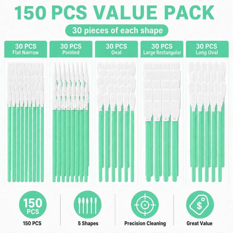 150PCS Microfiber Cleaning Swabs, 5-Size Lint Free Swabs Cleaning Q Tips for 3D Printers, Drones, Camera Lenses, Optics, Electronics, Auto Detailing, Arts and Crafts