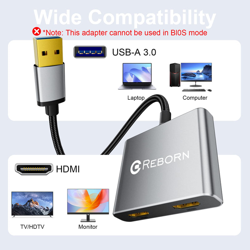 Reborn USB to HDMI Adapter, 1080P@60Hz USB 3.0 Male to Dual HDMI Female Multi-Display Cable Converter Suitable for MacOS, Windows 7/8/10/11 - Driver Installation is Required