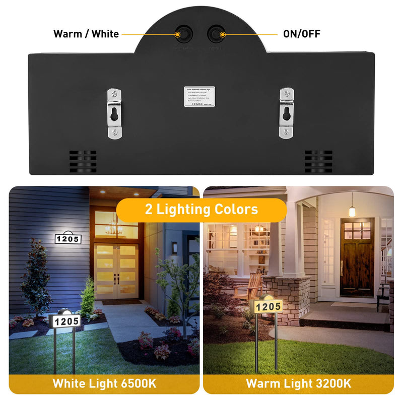 Solar House Numbers Address Sign, IP65 Waterproof Solar Address Plaque for Outside, 3200K Warm & 6500k Cold LED Illuminated House Numbers for Outdoor Wall Mounted & Home Yard Ground Address Number Bicolor light