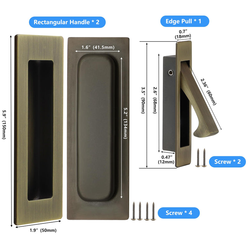 Dontay Sliding Pocket Door Handles, 304 Stainless Steel Non Locking Pocket Door Hardware, Recessed Flush Finger Pulls, Heavy Duty Edge Pull (1 Set, Antique Brass, 6 Inch) 1 Set