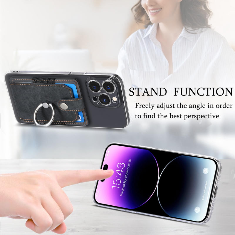 Adhesive Phone Card Holder Wallet with 360° Ring Stand-Black ﻿ | Black stick-on card pouch holds up to 3 daily cards with snap closure, ring grip and kickstand for smooth flat phone backs