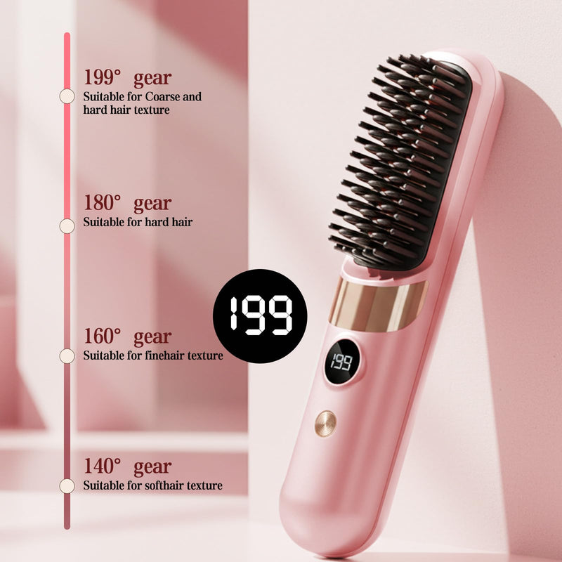  [AUSTRALIA] - Go Brush Pro UK Cordless Hair Straightener Brush, Pink | Rechargeable Ceramic Styling / 4 Heat Modes / LED Display / Portable for Travel & Daily Touch-Ups