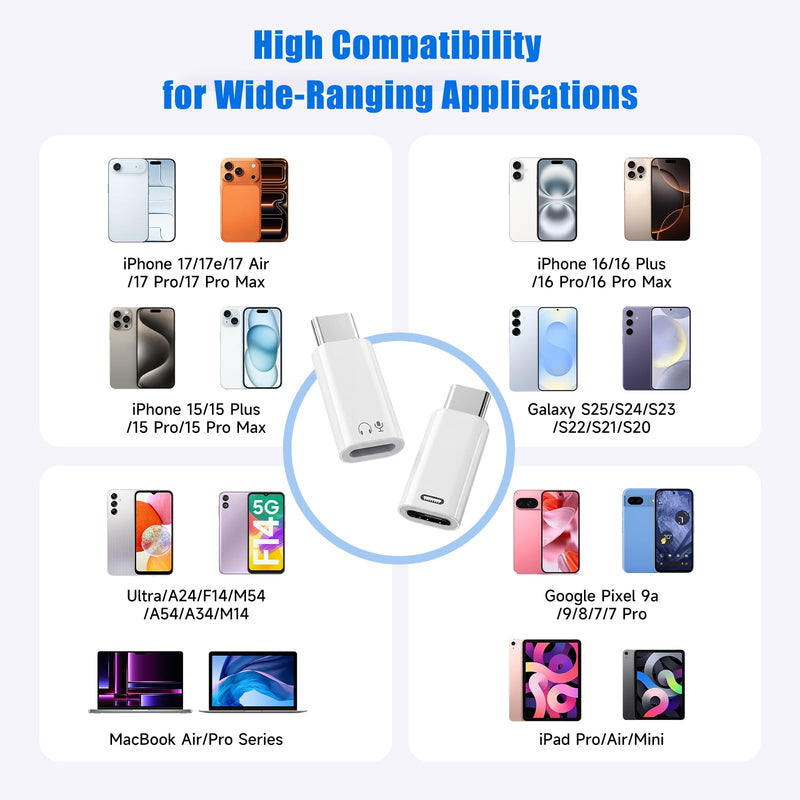 (New Combo) Lightning to USB C Adapter Compatible with iPhone 17/16/15 | 1×48kHz/16bit Hi-Fi Audio Headphone Adapter with Line Control + 1×27W Fast Charging Lightning to USBC Adapter with 3A Limit