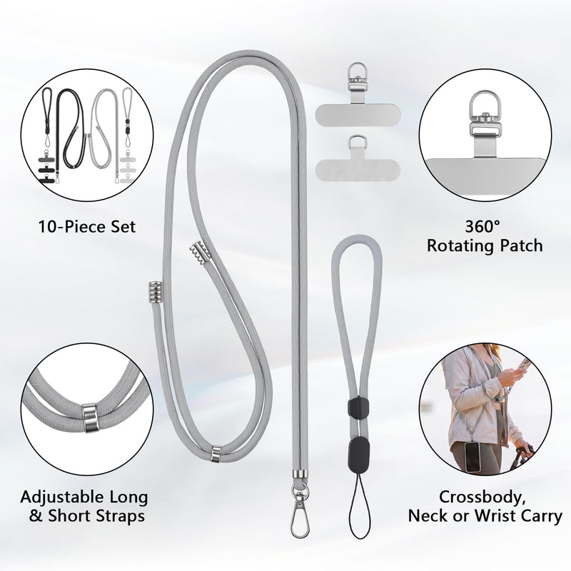 BESARME 2-Pack Phone Lanyard And Wrist Strap Set With 6 Tether Tabs | Adjustable Crossbody, Neck And Wrist Carry; Fits Most Smartphones With Full-Coverage Cases; Black And Gray Set Black Grey