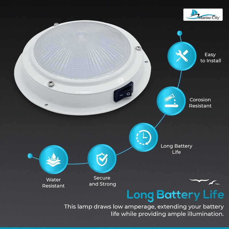 MARINE CITY LED Dome Light, 304 Powder-Coated Stainless Steel, Long Battery Life,5-1/2 inches, 12V, Warm White Light, Ideal for Boats, Yachts, and RVs