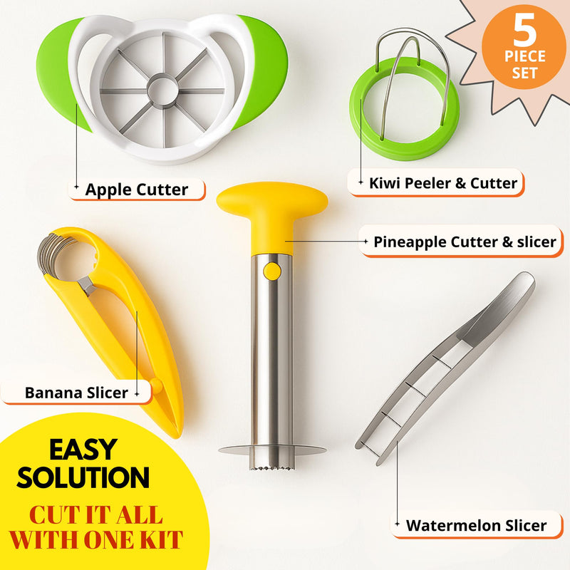 Fruit Cutter Set of 5 - Fruit & Vegetables Cutting Tools - Banana - Kiwi - Strawberry - Water Melon Slicer Cutter - Pineapple Corer - Apple Slicer - Kitchen Accessories