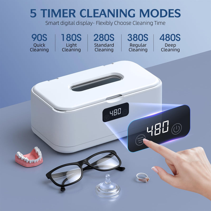 Ultrasonic Jewelry Cleaner, 50Khz Jewelry Cleaner Ultrasonic Machine for Jewelry, Eyeglasses, Rings, Watch Strap, Dentures, 24oz - 304 Stainless Steel Tank, Digital Timer White