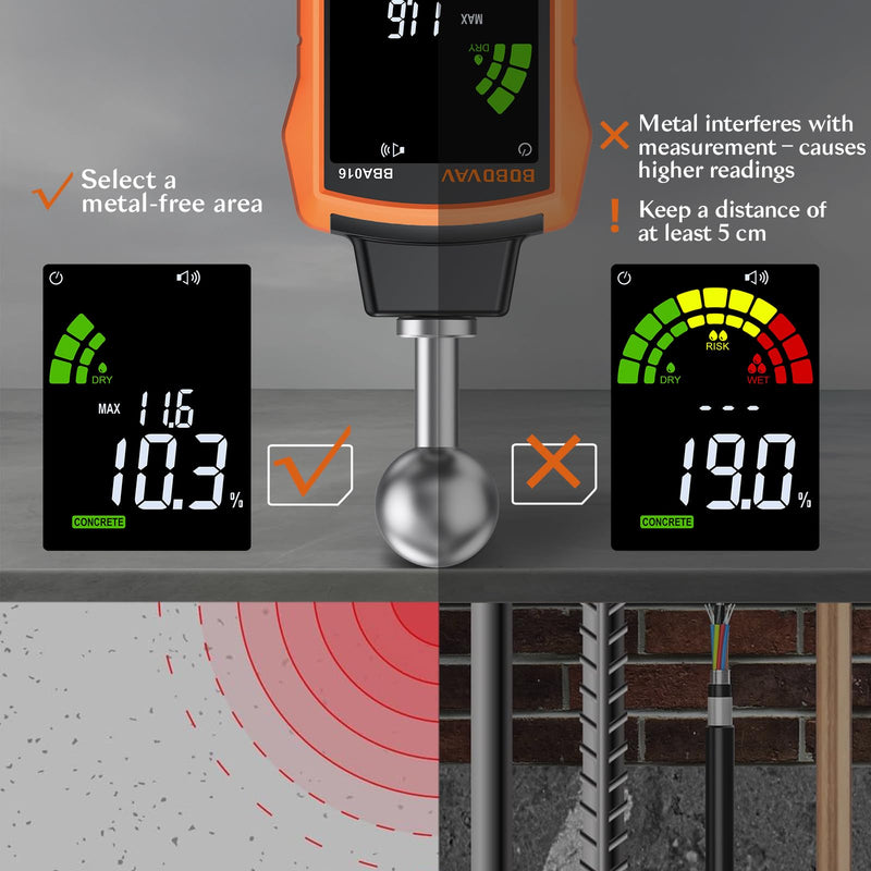 Moisture Meter with Ball Probe, 5–40mm Detection, 5 Modes, 3-Color Display with Sound Alarm, REF Function & Data Hold – Pinless Moisture Meter for Wood, Walls, Floors, Concrete & Cement