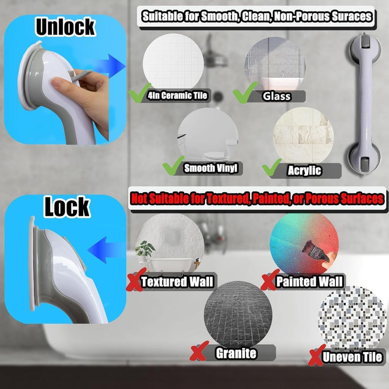Shower Grab Bars for Seniors, Shower Handles for Elderly Suction Cup,2 Pack 16.12 Inch,Handicap Grab Bars for Bathtubs and Showers Wall, Bathroom Safety for Showers Walls Heavy Duty, No Drilling 2 Pack 16.12 Inch Gray