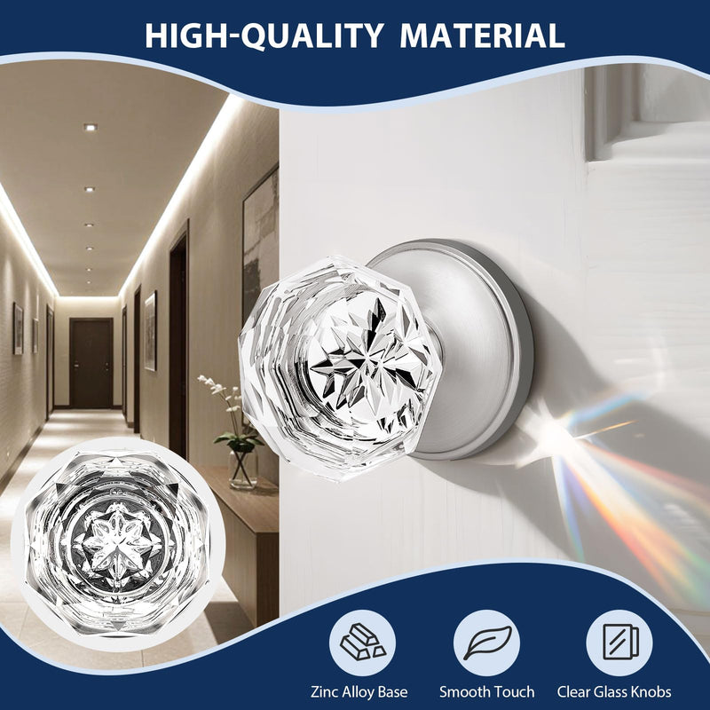 Orger Dummy Crystal Door Knobs with Diamond Shape in Satin Nickel Finish, Inactive Non-Turning Single Side Interior Dummy Handles for French Door/Cloakroom, 2 Pack Stain Nickel