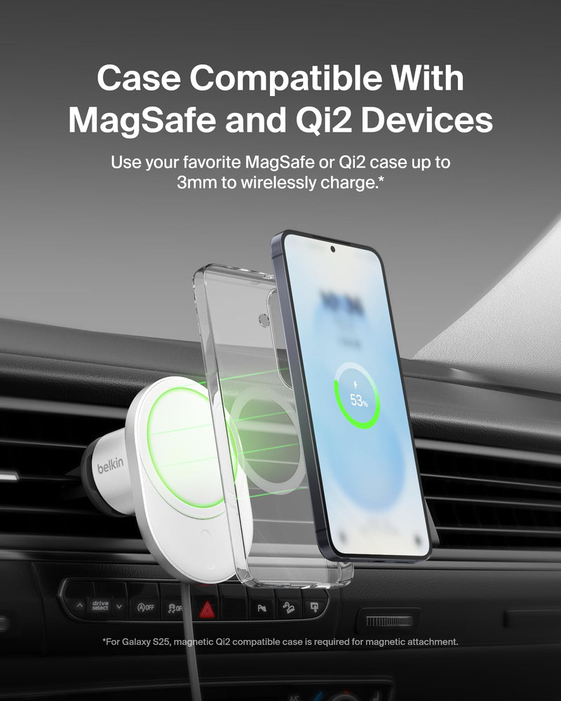 Belkin 15W MagSafe-Compatible Wireless Car Charger, Vent Mount | iPhone 17/16/15/14/13, Pixel 10 compatible, fast charging, secure vent mount, hands-free driving Charging Mount
