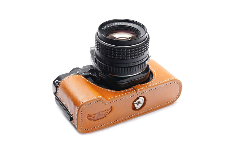 Pentax Super A Case, BolinUS Handmade Genuine Real Leather Half Camera Case Bag Cover for Pentax Super A Camera with Hand Strap (Yellow) Yellow