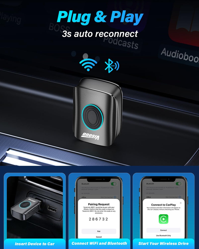 2026 Upgraded 2-in-1 Wireless CarPlay Adapter & Android Auto Dongle Plug & Play Multi-User Device Converts Wired to Wireless Ultra-Low Latency 5.8GHz WiFi Extension Cable for iPhone & Android Gray