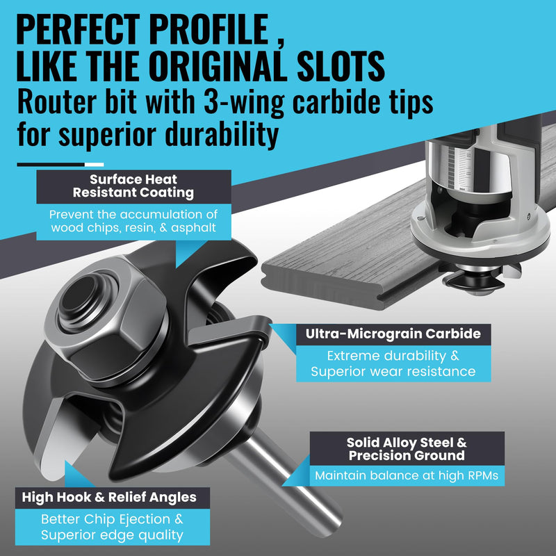 for Trex Router Bit Groove Cutter, Used for Trex Board to Work with Trex Hideaway Hidden Fasteners, 1/4" Shank Carbide Tipped Triple Wing, 3/8" Cutting Depth, 5/32" Height, Durable Precise Clean Cuts