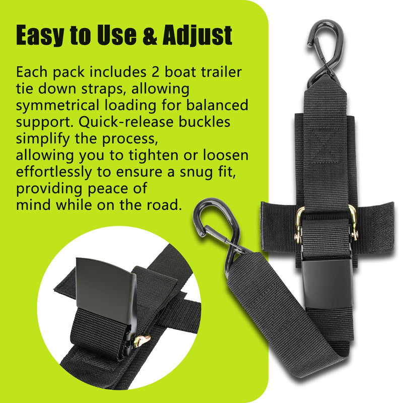2" x 24" Boat Trailer Tie Down Straps, Secure Transom Hauling (2-Pack) | for Boats, Pontoons, Jet Skis & Kayaks, Rust-Resistant Hooks, 2 ft Length 2in x 24in