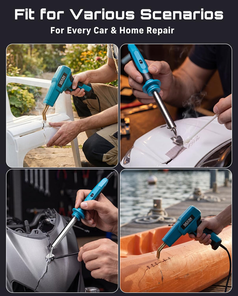 SEESII 150W Plastic Welder Welding Kit, 2 in 1 Hot Stapler Plastic Repair Kit with 60W Soldering Iron, Staples, 20PCS Plastic Rods & Pliers for Car Bumper Crack, Kayak, Dashboard, Plastic Toys Repair Blue