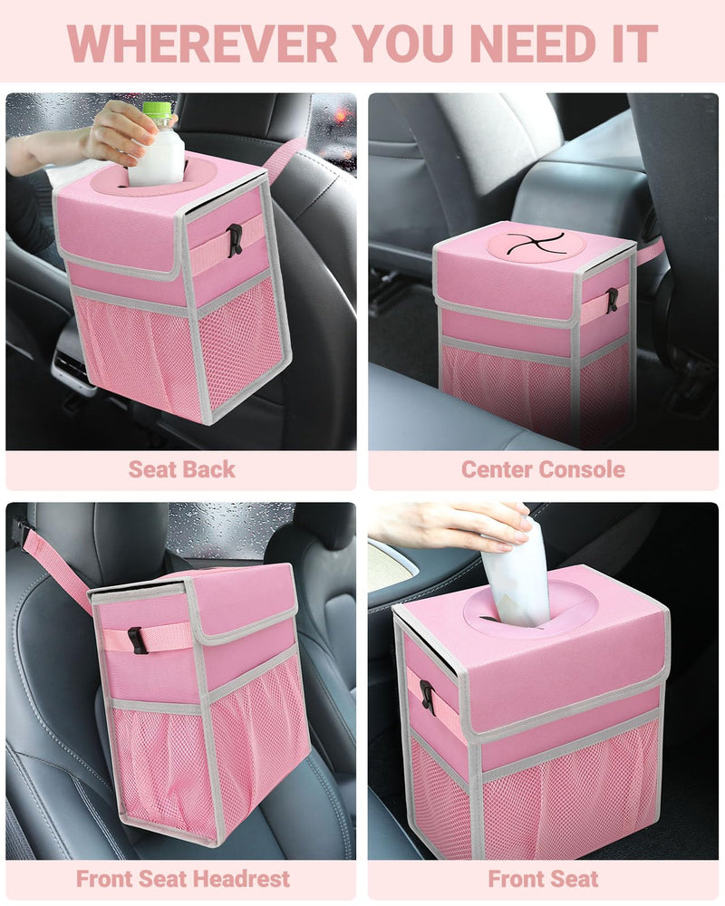 Capolo Car Trash Can with Lid, Leakproof Car Trash Bag Hanging Waterproof Automotive Garbage Can with Storage Pockets Mini Vehicle Trash Bin for Back/Front Seat(Pink,2.5 Gallon) 2.5 Gallons Pink