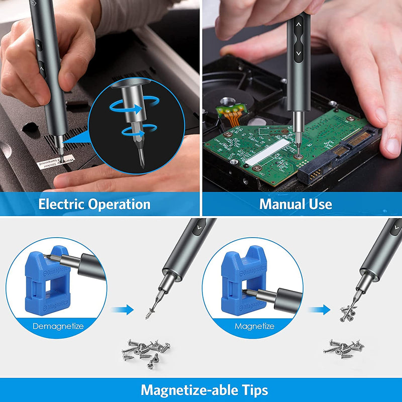 AMIR Electric Screwdriver 28-in-1 Cordless Mini Power Precision Screwdriver Set with 24 Bits, Rechargeable Repair Tool Kit for Phones Watch Laptops Silver