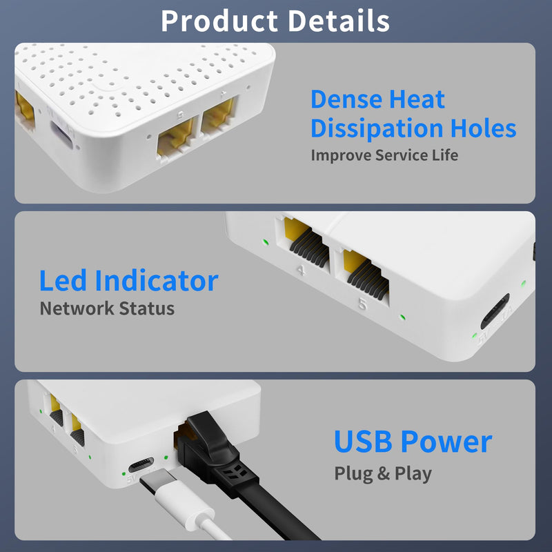 Gigabit Ethernet Switch 4 Port, Ethernet Splitter with USB Power Cable, Support 4 Devices Simultaneously Networking, 5 RJ45 Ports Splitter Adapter High Speed for Cat5/5e/6/7/8