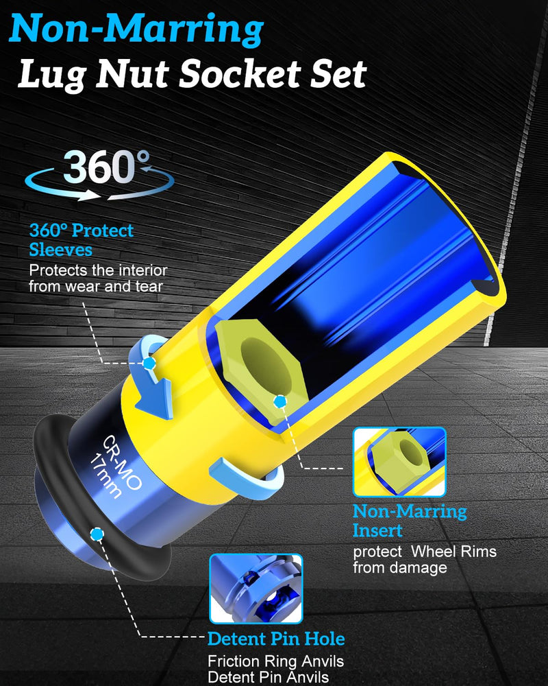 1/2" Drive Lug Nut Socket Set, 17/19/21 mm Wheel Socket | Non Marring, Thin Wall, CR-MO Steel, Hex Lug Nut Removal 3PC
