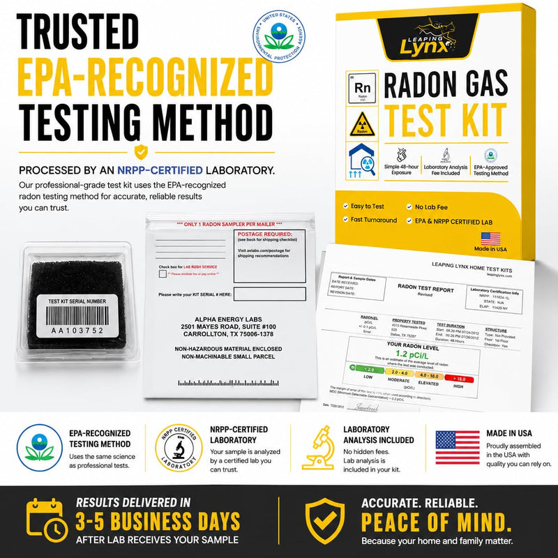 EPA-Approved Radon Test Kit for Home, Lab Analysis Included | Detects Radon Gas Levels in Basements & Living Spaces | Easy-to-Use Air Quality Test with Lab Report & Discounted Shipping| Radon Detector