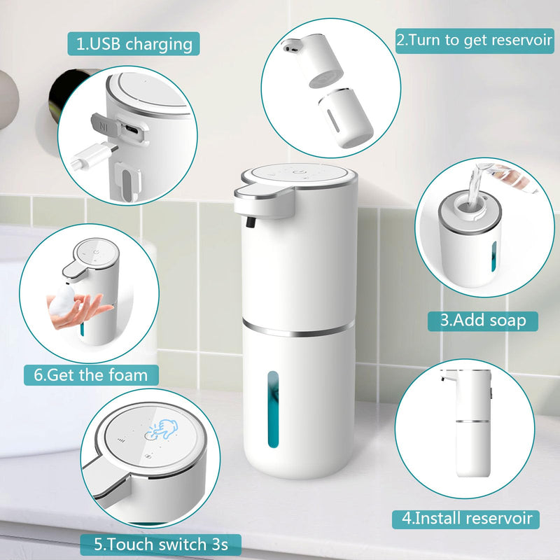 Automatic Soap Dispenser – Touchless Foaming Soap Dispenser 400ml USB Rechargeable Dispenser Electric Wall Mounted 4levels Adjustable Foam Dish Soap Pump for Bathroom Kitchen White