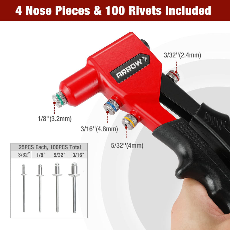Arrow Hand Riveter Kit, RT187M Professional Pop Rivet Gun with 3/32", 1/8", 5/32", 3/16" 100 Pieces Rivets (Each 25 Pieces), Great for Metal, Gutter and Automotive Work
