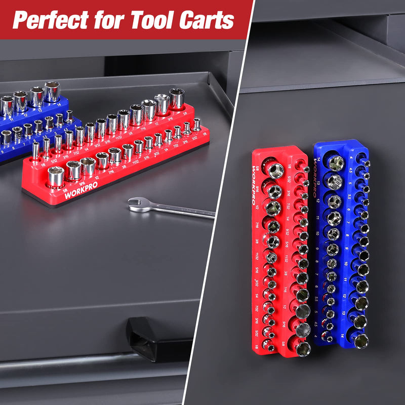 WORKPRO 1/4-inch Magnetic Socket Organizer Set, 2-Piece SAE & Metric Socket Holders, Holds 52 Standard and Deep Sockets for Tool Box, Tool Carts (Sockets Not Included) 1/4" SAE&Metric