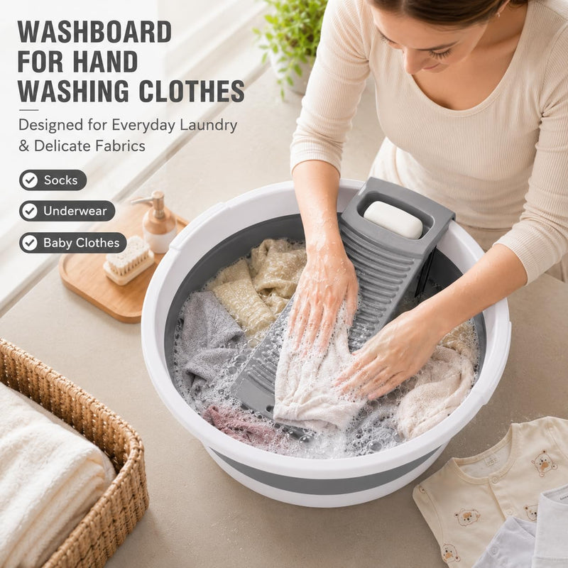 Washboard Basin for Hand Washing Clothes, 8 Gallon Collapsible Laundry Tub with Detachable Washboard, Dual Drain Design, Foldable Utility Wash Basin for Apartment, RV, Camping, Travel & Small Spaces Gray White 20"x20"