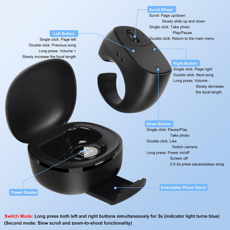 Mini Finger Ring Mouse with Charging Case Wearable Bluetooth Remote Control Thumb Mouse Wireless Handheld Air Mouse for Smartphone Tablet PC Laptop MacBook for Page Turn Take Photo Watch Video, Black