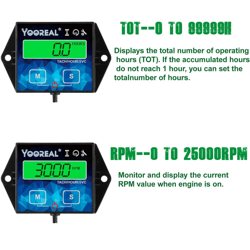Yooreal Digital Backlight Tachometer Hour Meter,Resettable Hours,Replaceable Battery Engine for Lawn Mower Generator Chainsaw Outboard Motor Snowblower Gas Powered Equipment (YR-HM011G)