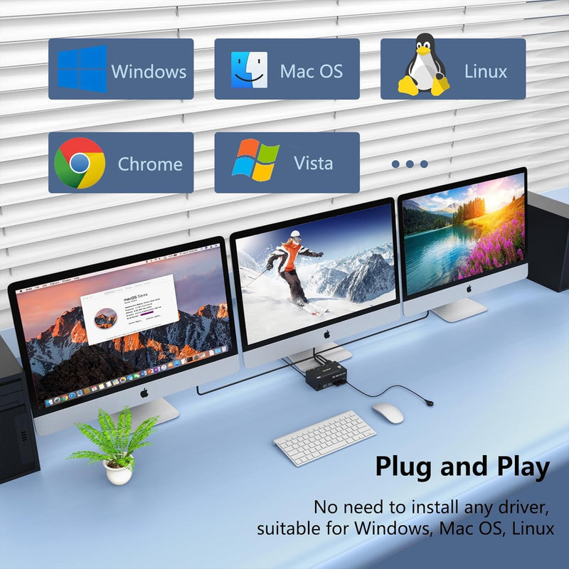 KVM Switch 3 Monitors 2 Computers 8K@30Hz/4K@60Hz, HDMI KVM Switches for 2 PC Sharing Triple Monitor and Keyboard Mouse with Power Adapter Black 8cm HDMI 2 in 3 out