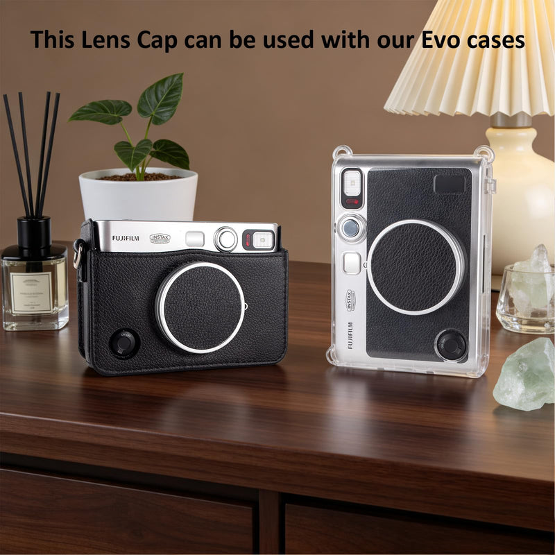 Rieibi Lens Cap for Fujifilm Instax Mini Evo, Fuji Instax Accessories - Anti-Scratch Retro Leather Aluminum Lens Cover with Flocking Internal, Anti-Lost Wrist Strap-Black Texture Black