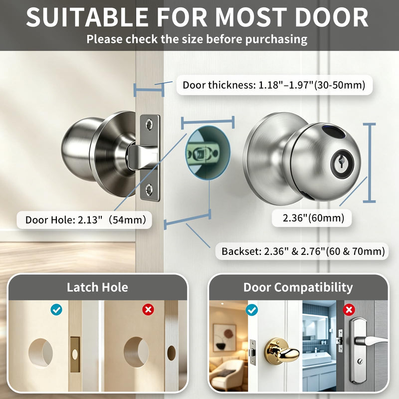 Fingerprint Door Lock, Self-Learning Biometric Smart Door Knob | Smart Lock for Bedroom, Home, Office & Apartment, 4 Modes, APP Control, 2 Keys, 50 User Fingerprints, Stainless Steel Nickel Nickel Finish