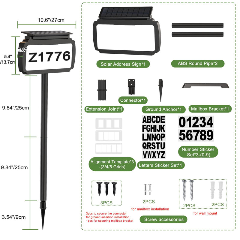 Solar Address Sign, House Number Sign with 3 Lighting Modes, Mailbox Numbers for Outside, In Ground & Wall/Mailbox Mounted, Waterproof Yard Sign, Illuminated One Sided