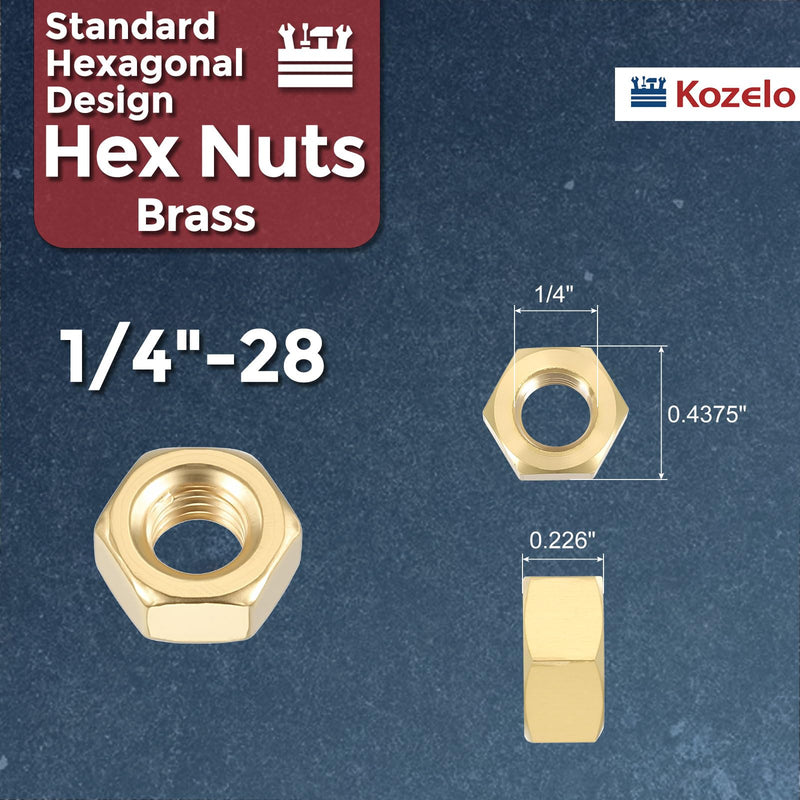 50pcs Hex Nuts - [1/4"-28] Brass Hardware Nuts for Mechanical Repair & Assembly, Electrical Fastening, Standard Fine Thread Nut, Yellow 1/4"-28 50