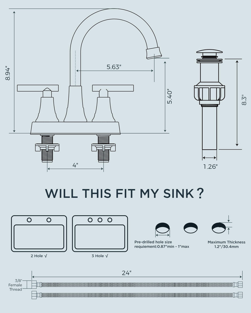 FORIOUS Matte Black Bathroom Faucets, 4 Inch Centerset Bathroom Sink Faucet 2 or 3 Hole with Pop up Drain and cUPC Hose, Two Handles Control, 360° spout for Restroom,Vanity, RV Classic