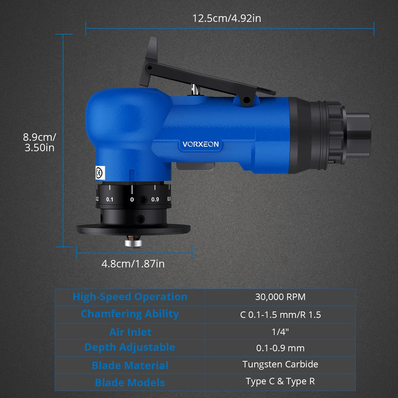 Pneumatic Chamfering Tool 22 Blades C & R Angle with 1/4" Air Inlet, 30000 RPM Blue Air Chamfer Tool, 0.1-0.9mm Micro-Depth Control for Metal, Wood, PVC Air chamfering tool Blue