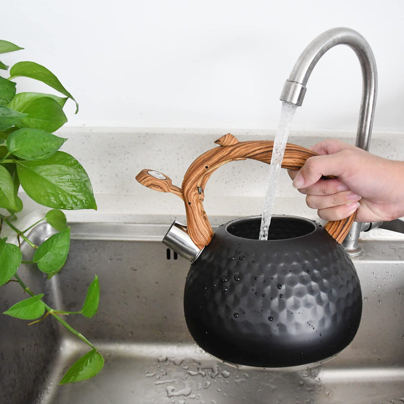 GGC Tea Kettle for Stove Top, Loud Whistling Kettle for Boiling Water Coffee or Milk, 3.1 Quart 3L Heavy Stainless Steel Black Kettle with Wood Pattern Handle, Unique Button Control Kettle Outlet Premium Black