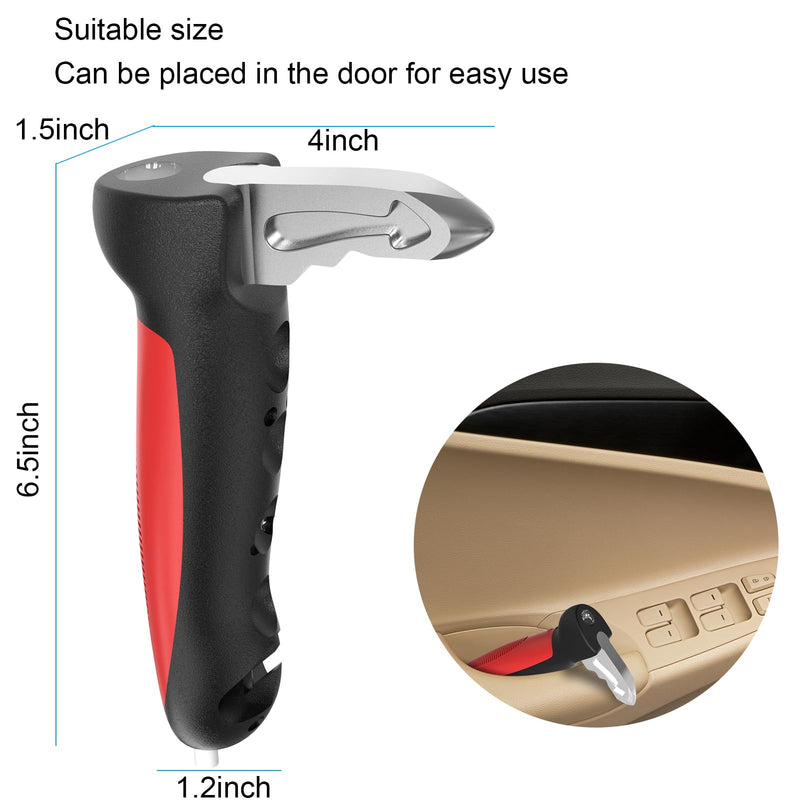 Versatility Auto Cane Vehicle Support Handle for Elderly and Handicapped Portable Automotive Door Assist Handles with LED Light, Seatbelt Cutter, and Window Breaker Red Old