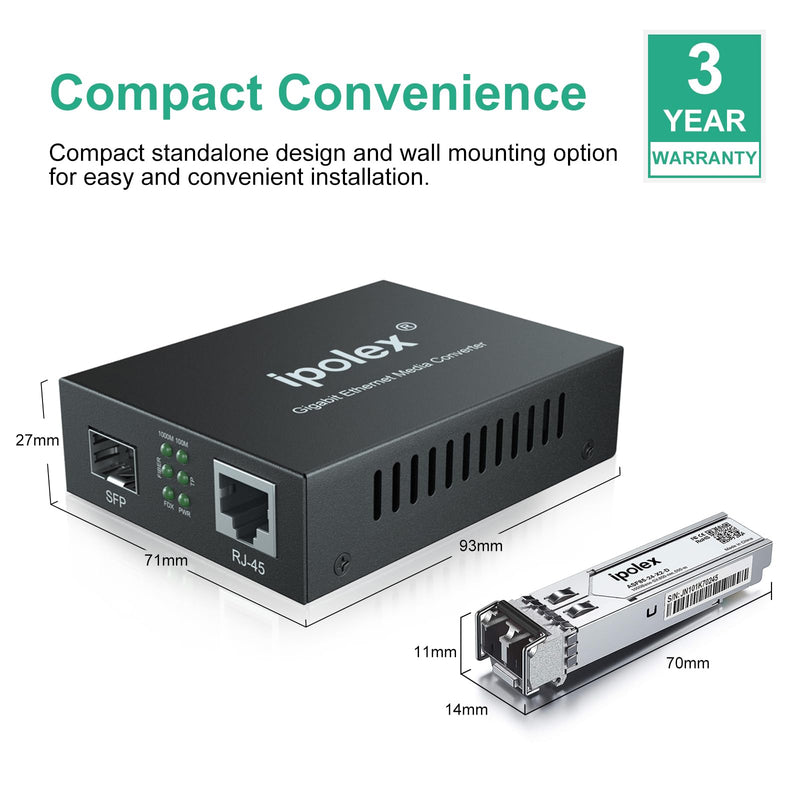 ipolex Gigabit Multi-Mode LC Fiber to Ethernet Media Converter with SFP SX Module, 1.25G Fiber to Copper RJ45, 1000Base-SX to 10/100/1000Base-TX, MMF, Transmission up to 550 meters/1804 ft 1.25G LC MMF, 550M