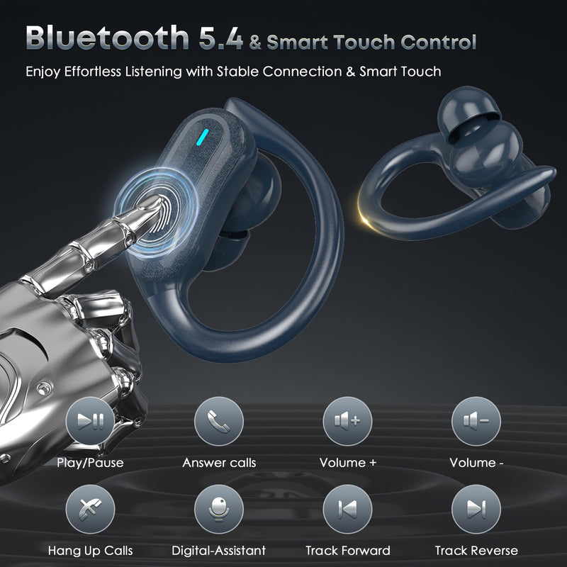 TRAUSI Wireless Earbuds Bluetooth Headphones, 54H Playtime Stereo Over Ear Buds with ENC Noise Cancelling, LED Power Display, IPX7 Waterproof Sport Earphones wih Earhooks for Running/Workouts Blue