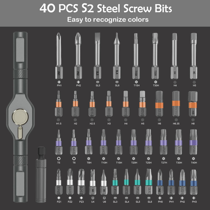 42 in 1 Magnetic Screwdriver Set - Olipiter Ratchet Screwdriver Set with 40 PCS Magnetic Bits, Computer Screwdriver Kit, Ratcheting Screwdriver with Rotatable Ratchet Handle for Funiture Computer Grey